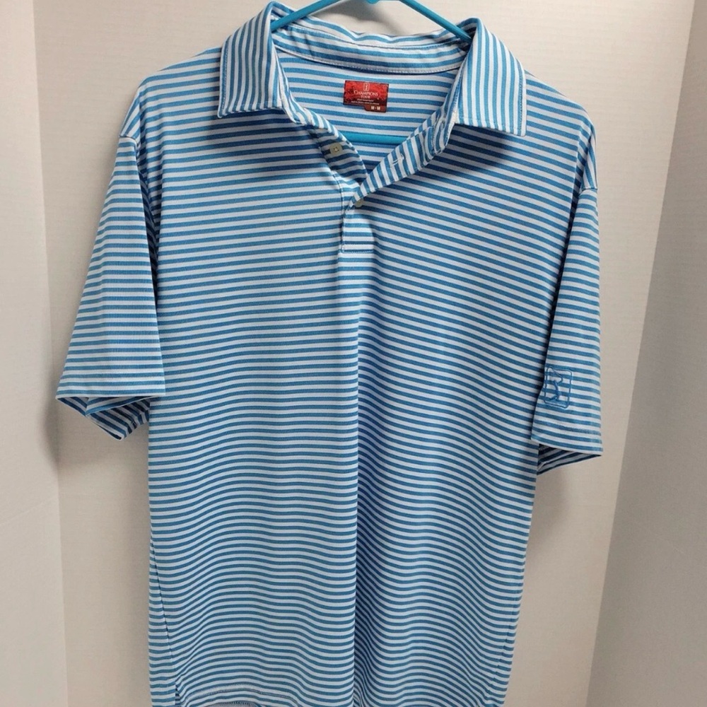 PGA Champions Tour Polo Shirt Mens Medium Blue White Striped Golf